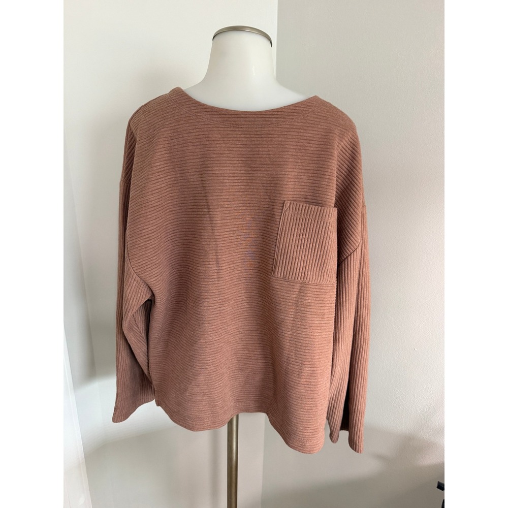 A New Day Womens Ribbed Long Sleeve Pocket Top Mauve Terracotta Size M